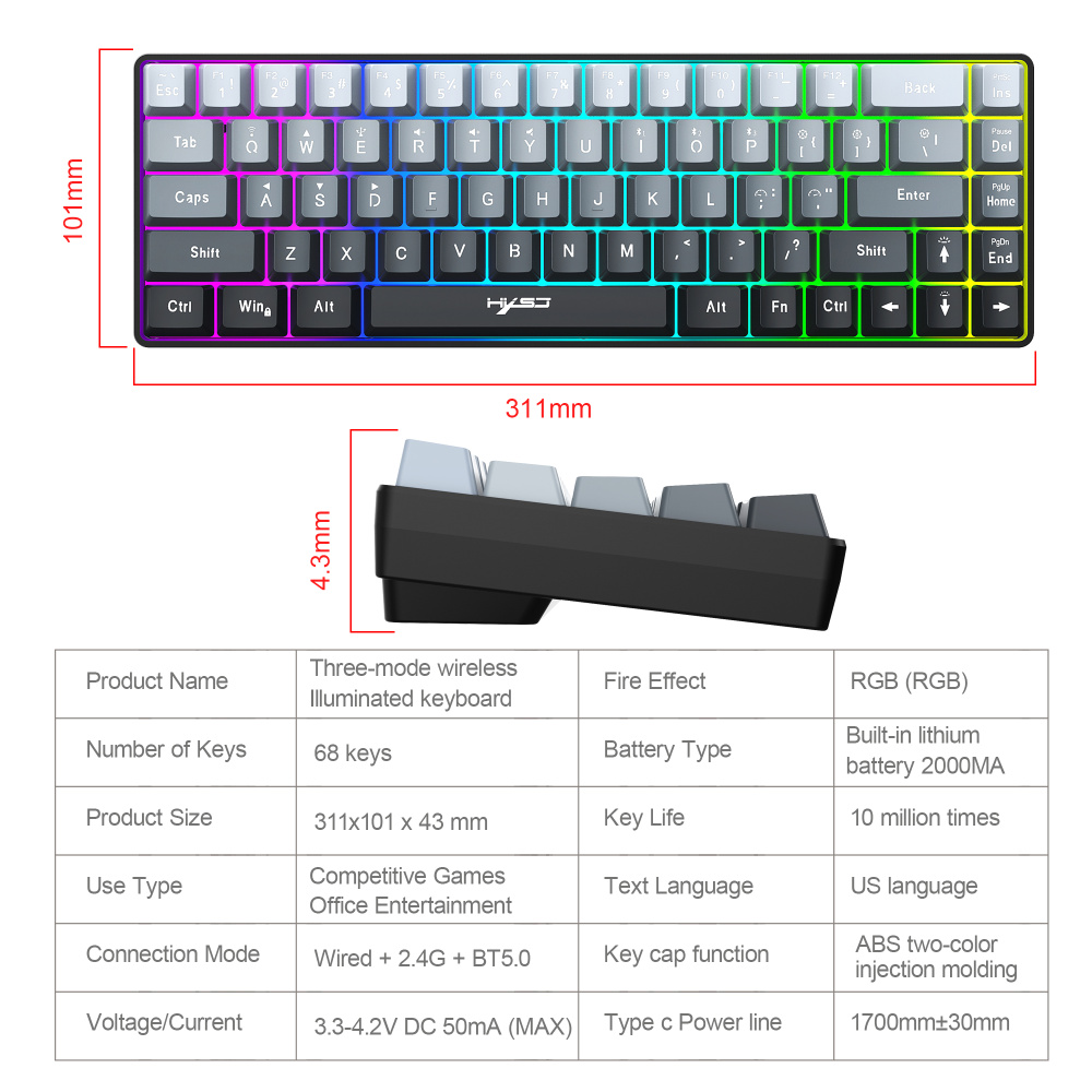 68-key tri-mode wireless Bluetooth membrane gaming keyboard with conflict-free 25 keys, suitable for desktops and laptops, ideal for gamers.